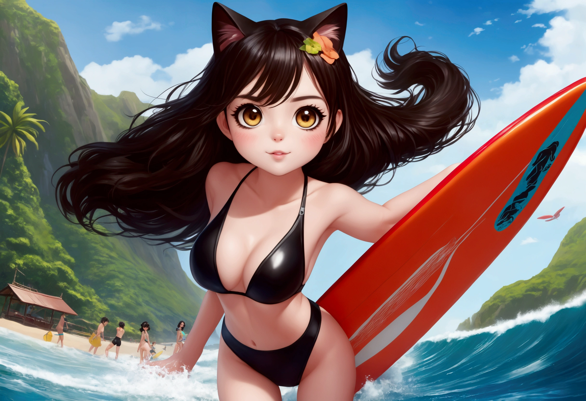 (Xiaorou SeeU, age 20, is an adorable sexy cat woman, big eyes, cute swimsuit, fluffy tail), she is surfing on small waves, super cute, so excited, show her from head to toe, hawaii