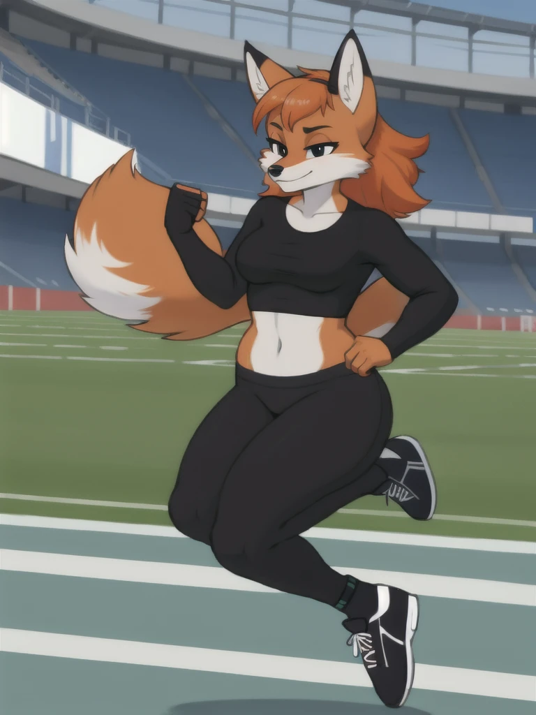 Furry, fox, female, black shirt, black leggings, shoes, running track, solo, full body