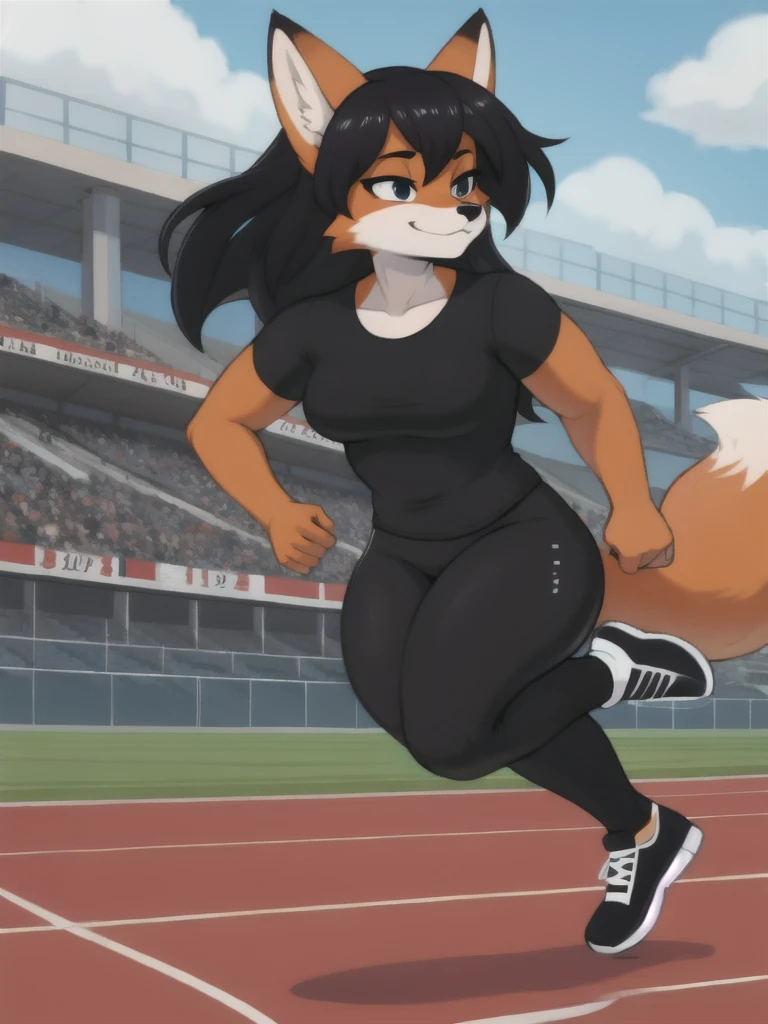 Furry, fox, female, black shirt, black leggings, shoes, running track, solo, full body