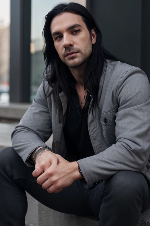 Handsome, thin muscular White man, goth long black hair, male in his 30s, unshaved stubble, gray eyes, deep eyes, wearing a black jacket and jeans