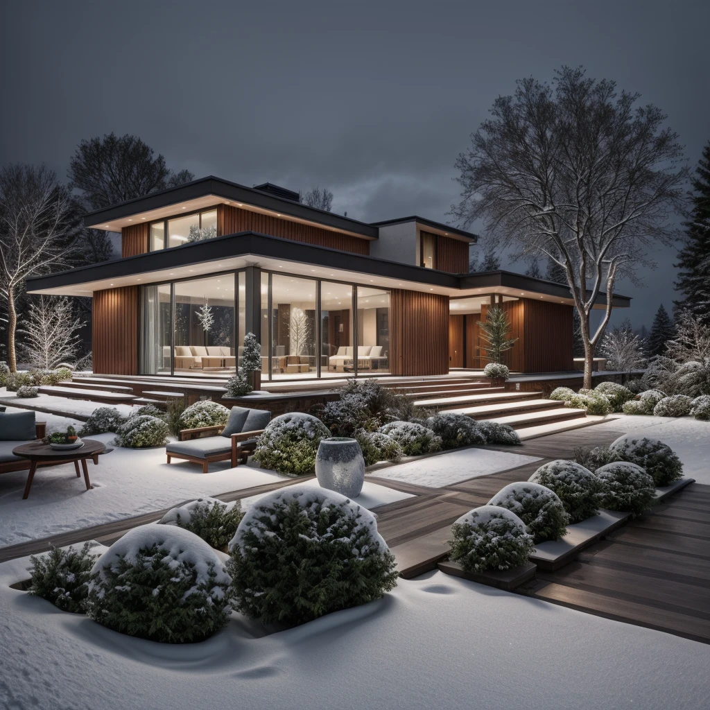 exterior of villa, modern style, plants and trees, (((winter, snow))), RAW photo, subject, 8k uhd, dslr, soft lighting, high quality, 
film grain, Fujifilm XT3