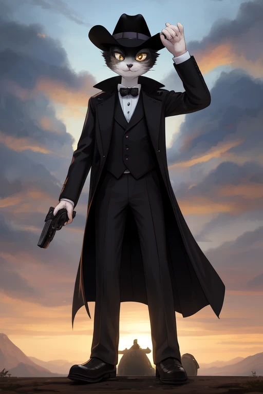 A tuxedo breed cat being a heroic cowboy wearing a trench coat-like suit leaning with a revolver having a view towards the viewer 