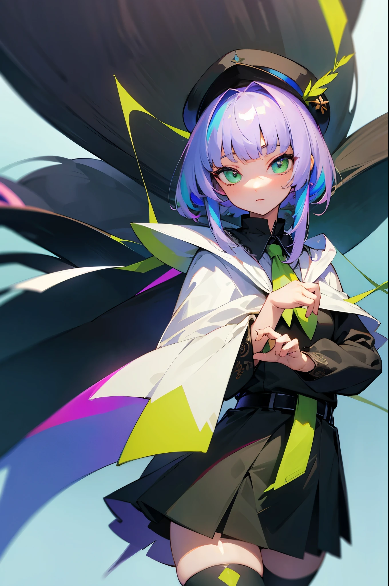 sthesiaawar, (sthesia awar:1.5), long hair, (green eyes:1.5), white hair, gradient hair, bangs, blunt bangs, sidelocks, purple hair, BREAK thighhighs, long sleeves, hat, dress, belt, black thighhighs, zettai ryouiki, ascot, capelet, BREAK looking at viewer, upper body, full body, cowboy shot, BREAK indoors, BREAK (masterpiece:1.2), best quality, high resolution, unity 8k wallpaper, (illustration:0.8), (beautiful detailed eyes:1.6), extremely detailed face, perfect lighting, extremely detailed CG, (perfect hands, perfect ),

