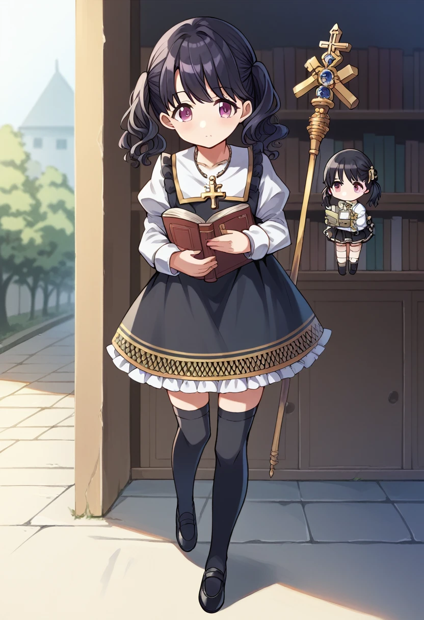 a anime girl in a long black skirt and white shirt walking with books, 1girl, 独奏, thighhighs, twintails, long sleeves, outdoors, Fukumaru Koito, purple eyes, jewelry, black hair, necklace, looking at viewer, cross, lamppost, juliet sleeves, black footwear, priest (ragnarok online), full body, dress, shoes, book, puffy sleeves, bangs, Have staff, He is carrying a book on his waist, High resolution, full body, chibi