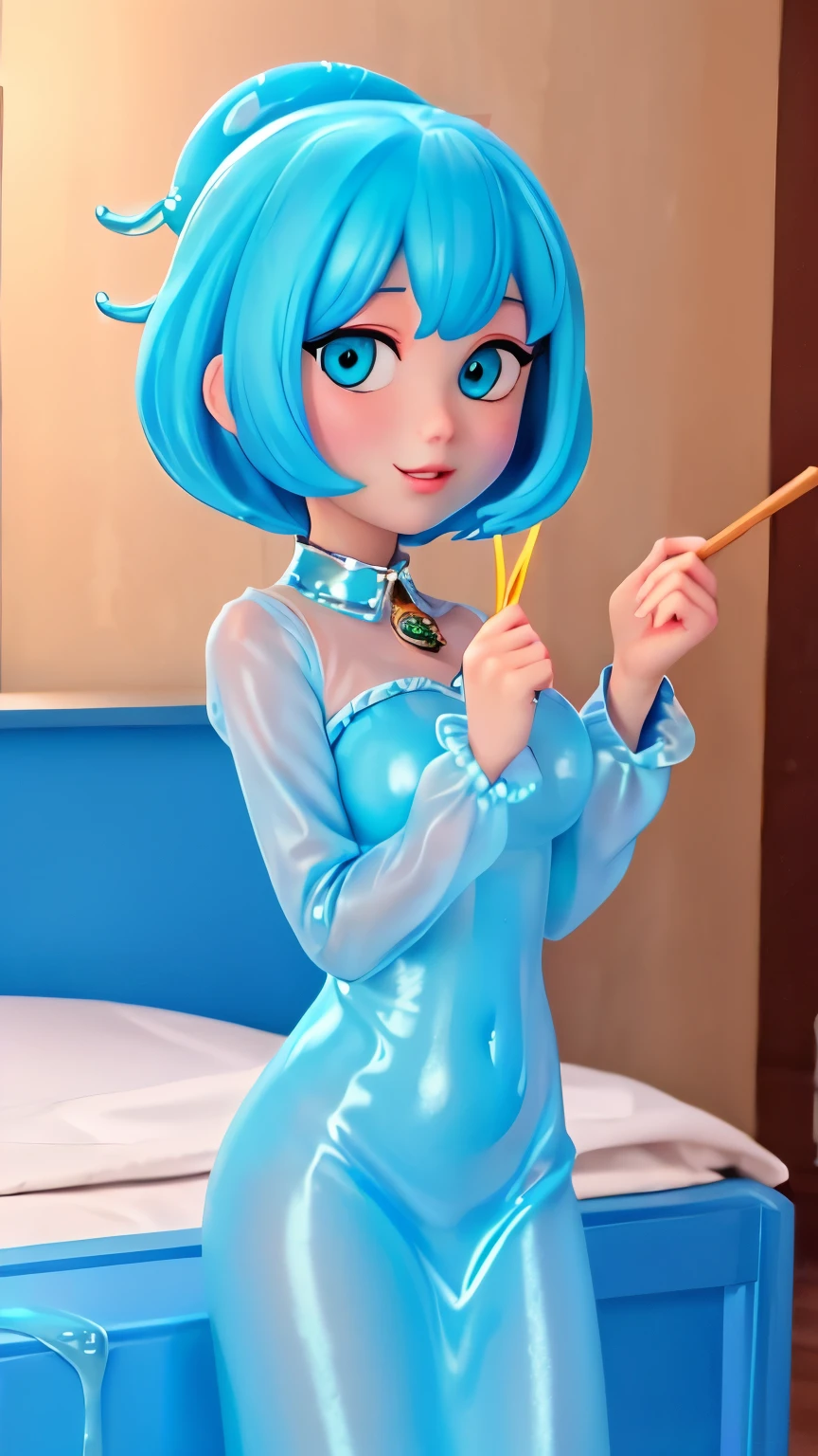 Slime, slime girl, blue skin, sexy, cute,transparent skin, monster, no background