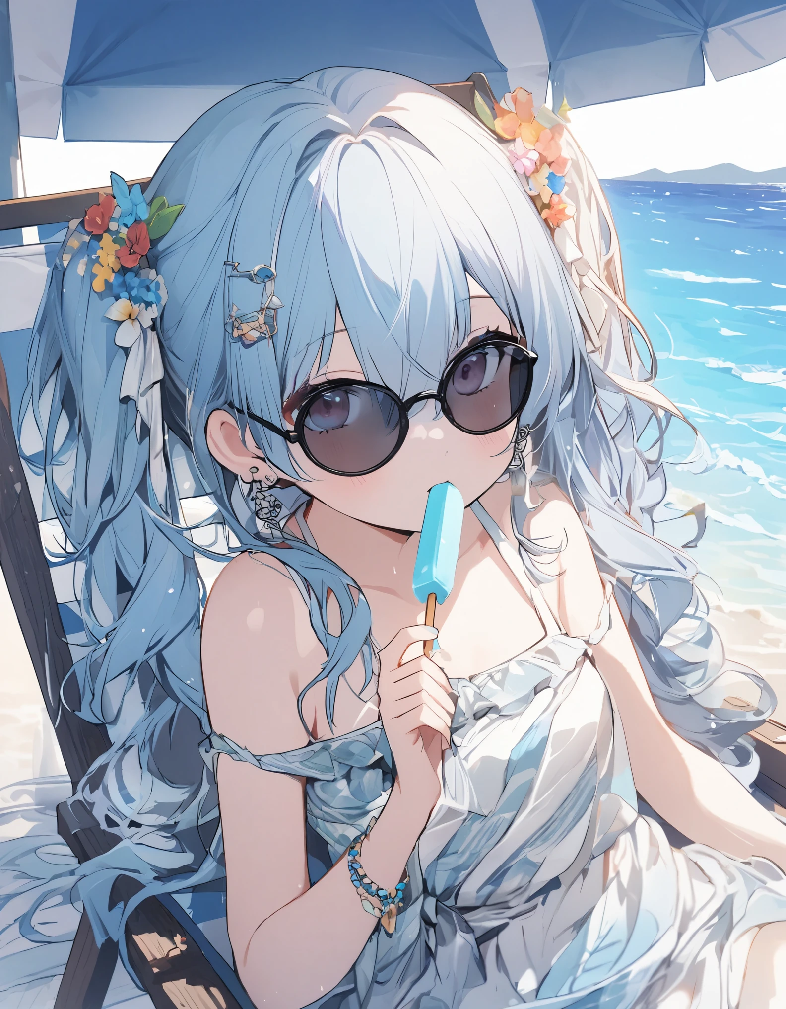 1girl, , kawaii, long hair, bangs, hair ornament, hair between eyes,((lie down on a deck chair)), bare shoulders,wearing bikini, (popsicle), flower, Light blue hair,twin tails,(((wearing sunglasses))), earrings, hair flower, from front, beautiful sea, Sea background,