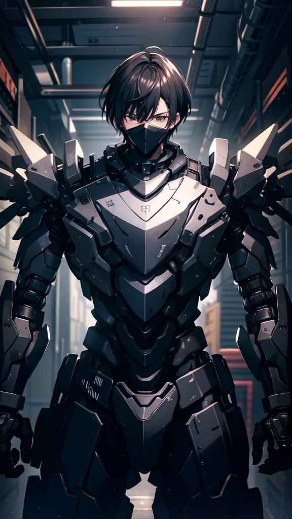 silence，Looking at the items in the warehouse，Warehouse full of supplies，It's dark all around，End of the World，an adult male，youth，Black short hair，look around，Wearing a sophisticated dark gray mecha armor suit，The armor suit has huge and thick limbs，Only the male youth’s hair and face are exposed，Upper body close-up