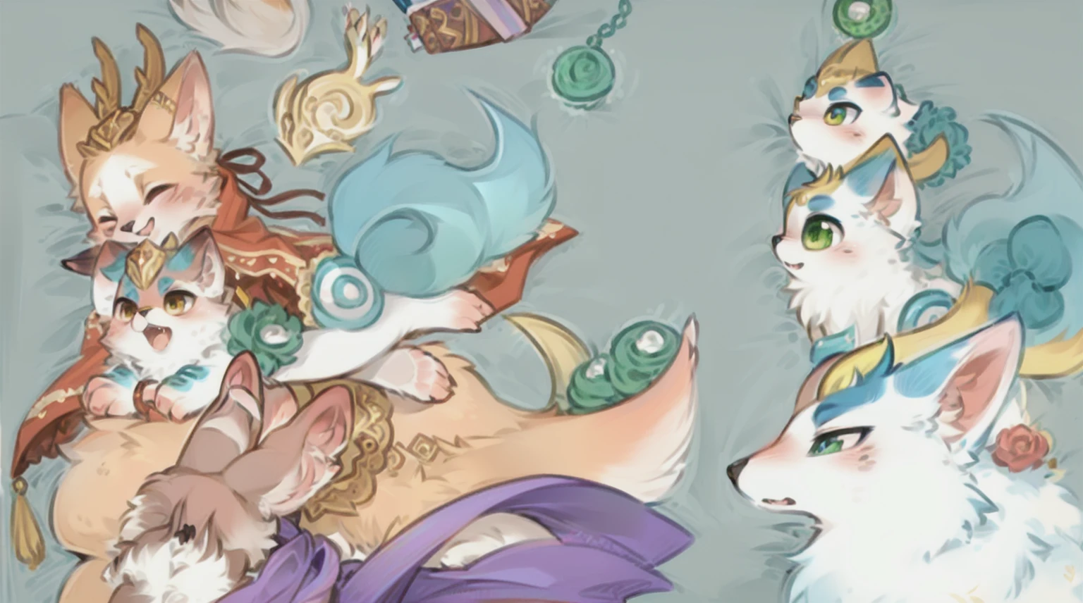Several cats and dogs of different colors are grouped together, Furry Art!!!, fursona art, very very beautiful Furry Art, Furry Fantasy Art, Colorful Fox City, Detailed fan art, Furry Art, Furry Animals, furry fandom, Lovely detailed artwork, Lots of fur, pov Furry Art, Furry Convention, Familiar elves, Very detailed and beautiful fan art