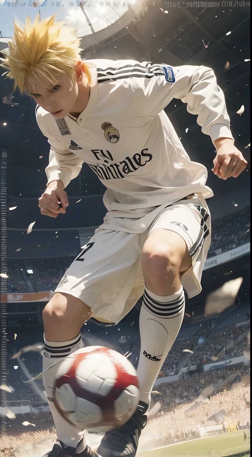 Naruto Uzumaki, Naruto shippuden, yellow hair, blue eyes, white real Madrid uniform, control a ball, stadium background, dettailed face, dettailed eyes, detailed hand, detailed hair, ultra realistic, ultra detailed, best quality, masterpiece.