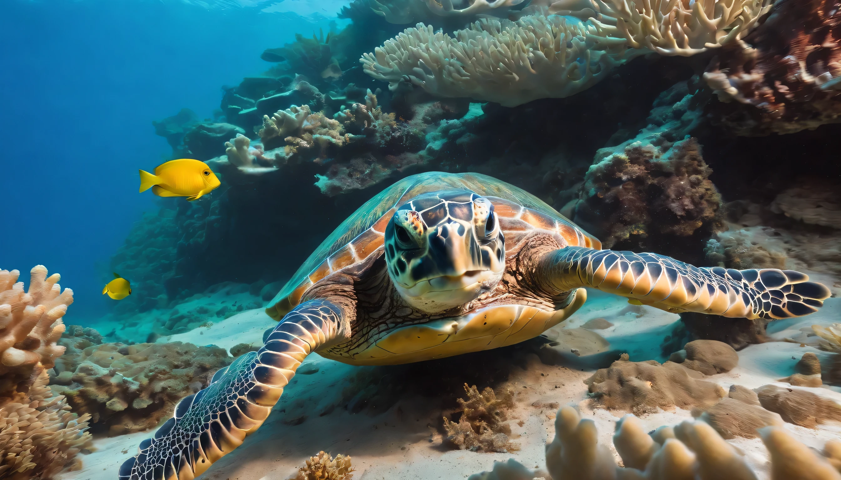 A vibrant underwater scene featuring a colorful sea turtle swimming gracefully above a coral reef. The turtle's intricate shell displays shades of orange and green, while small, bright yellow fish dart around it. The background is illuminated by beams of sunlight filtering through the water, enhancing the vivid colors of coral and marine life.