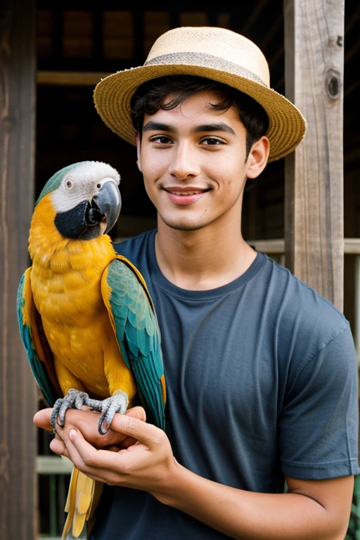 Cute young handsome man with a piri hat and a humble house parrot