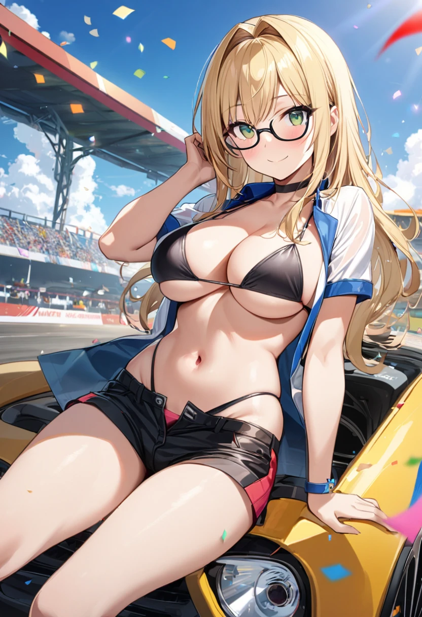 1girl, solo, long hair, , looking at viewer, blush, smile, blonde hair, large breasts, cleavage, sittsed mouth, green eyes, swimsuit, short sleeves, bikini, thighs, outdoors, open clothes, sky, glasses, shorts, choker, day, cloud, stomach, blue sky, short shorts, underboob, black bikini, highleg, black choker, black shorts, hair intakes, ground vehicle, motor vehicle, car, open fly, confetti, highleg bikini, micro shorts, race queen