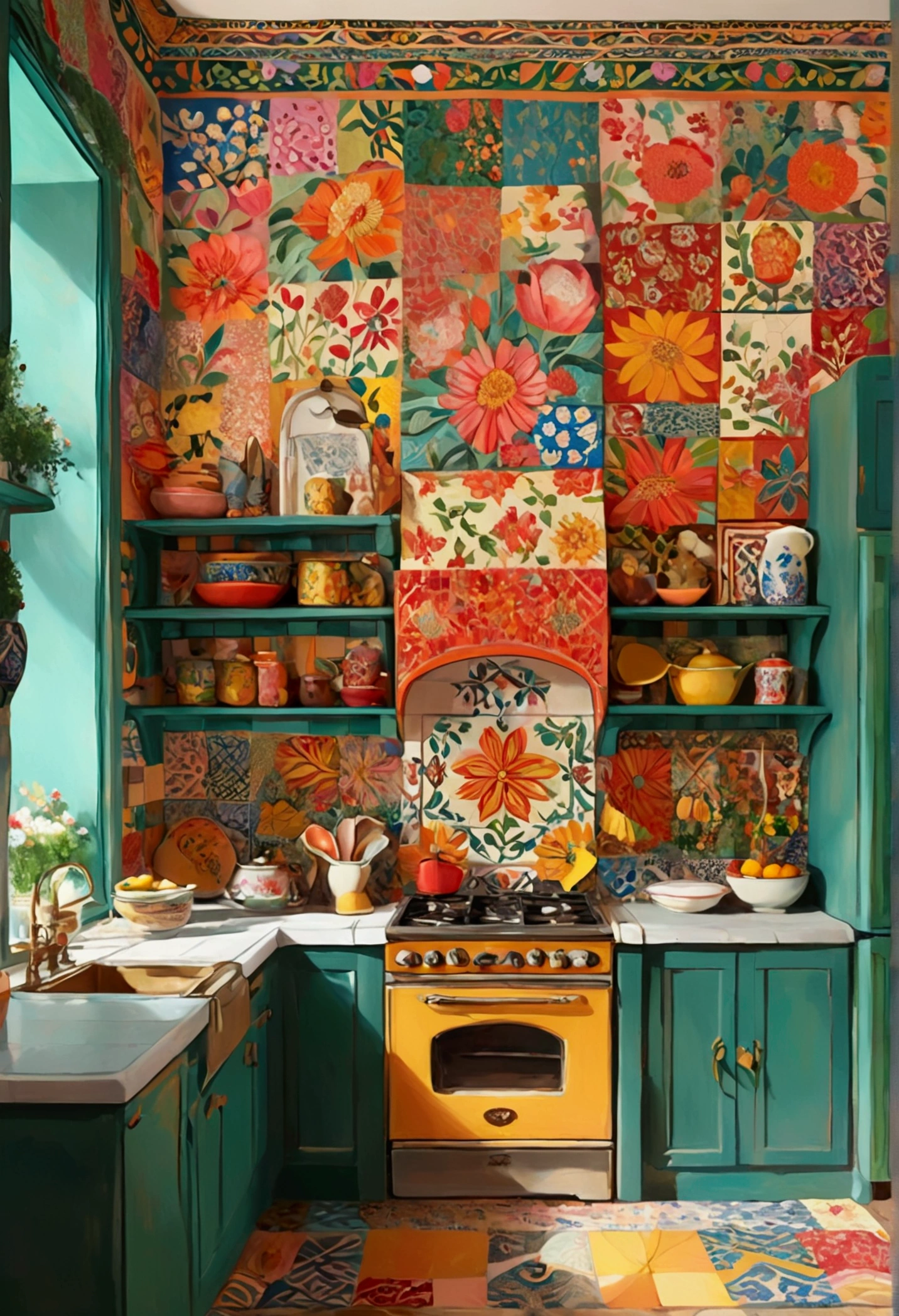 Luxury interior of a kitchen, in the style of folk art - inspired illustrations, patterned paperclippings, detailed, flowers, in the style of patchwork patterns, illustrated by olivia Gibbs, animated mosaics, kitsch and camp charm, bright pastel colours, bold patterned quilts, mixes painting and ceramics, precise, detailed architecture paintings, chalk art, ((cute and dreamy People)), ((humans)