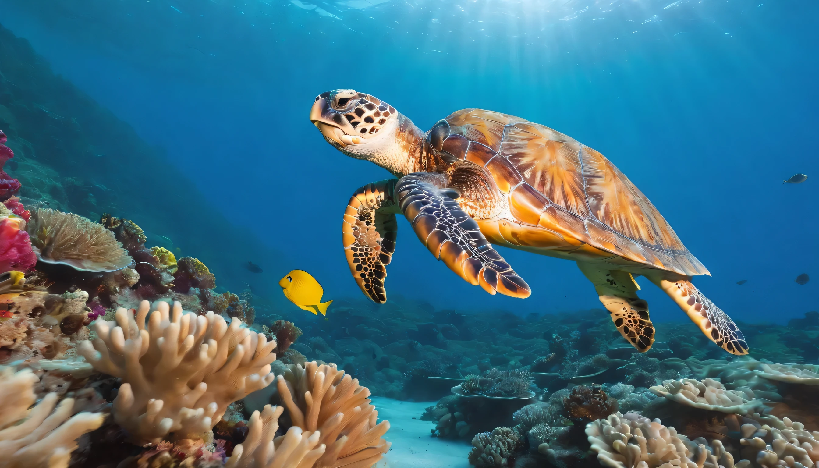 A vibrant underwater scene featuring a colorful sea turtle swimming gracefully above a coral reef. The turtle's intricate shell displays shades of orange and green, while small, bright yellow fish dart around it. The background is illuminated by beams of sunlight filtering through the water, enhancing the vivid colors of coral and marine life.