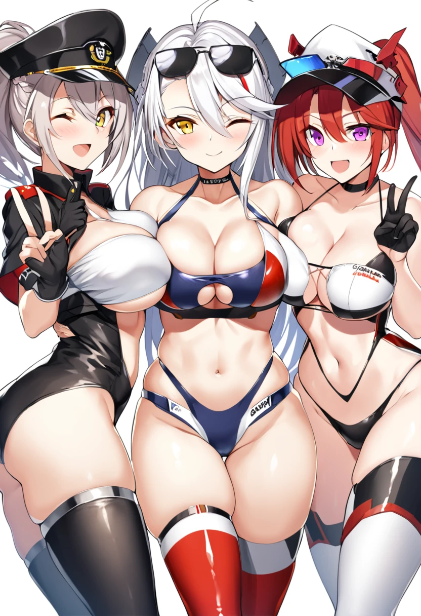 baltimore (azur lane), enterprise (azur lane), prinz eugen (azur lane), long hair, breasts, looking at viewer, blush, smile, short hair, open mouth, bangs, multiple girls, large breasts, brown hair, thighhighs, gloves, hat, navel, cleavage, hair between eyes, bare shoulders, purple eyes, collarbone, jacket, swimsuit, yellow eyes, ponytail, braid, ahoge, white hair, bikini, thighs, red hair, multicolored hair, one eye closed, choker, black gloves, 3girls, pink eyes, two-tone hair, official alternate costume, streaked hair, one-piece swimsuit, clothing cutout, v, skindentation, underboob, highleg, sunglasses, breast press, peaked cap, zipper, cropped jacket, navel cutout, highleg bikini, half gloves, race queen, underboob cutout, hair through headwear, eyewear on headwear