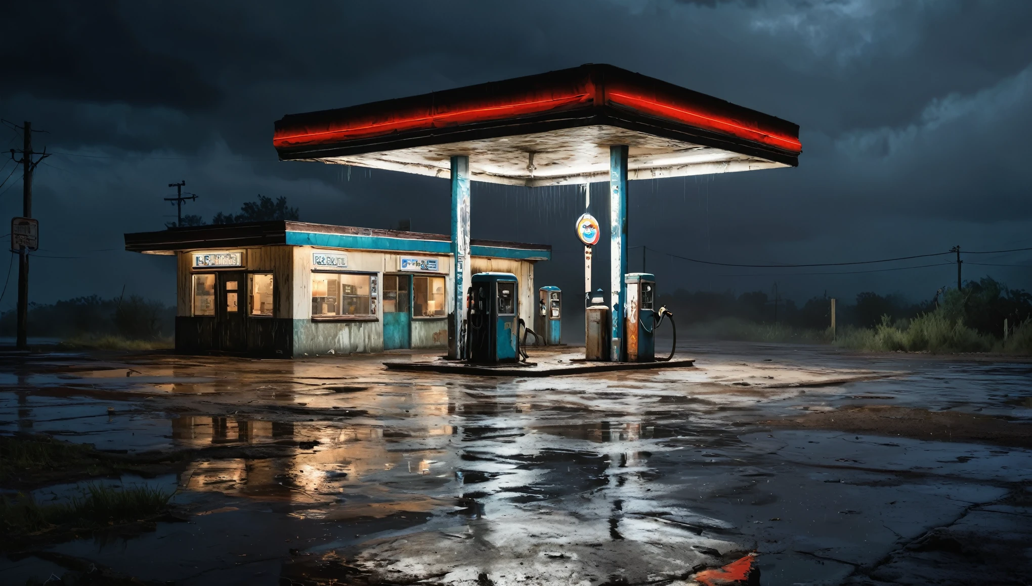 a dilapidated abandoned 1920s gas station at night, rain pouring down, wet roads, dark cloudy sky, smoke and dirt, atmospheric lighting, cinematic mood, dramatic shadows, gritty realism, award winning composition, hyper detailed, intricate details, photographic quality, professional photography, masterpiece