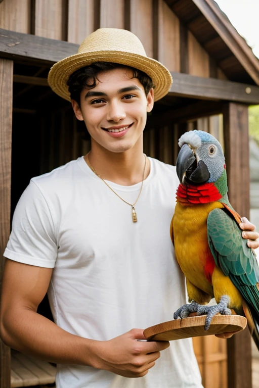 Cute young handsome man with a piri hat and a humble house parrot