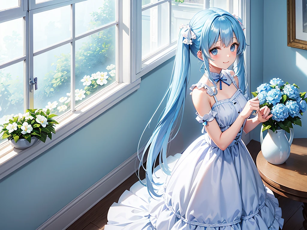 Light blue long hair、Beautiful girl with twin tails、A very bright smile、Cookies and chocolate、There are lots of cakes lined up、A bright, sunny room、A room decorated with white flowers、White flowers on the windowsill、Outside the window、Flower Garden