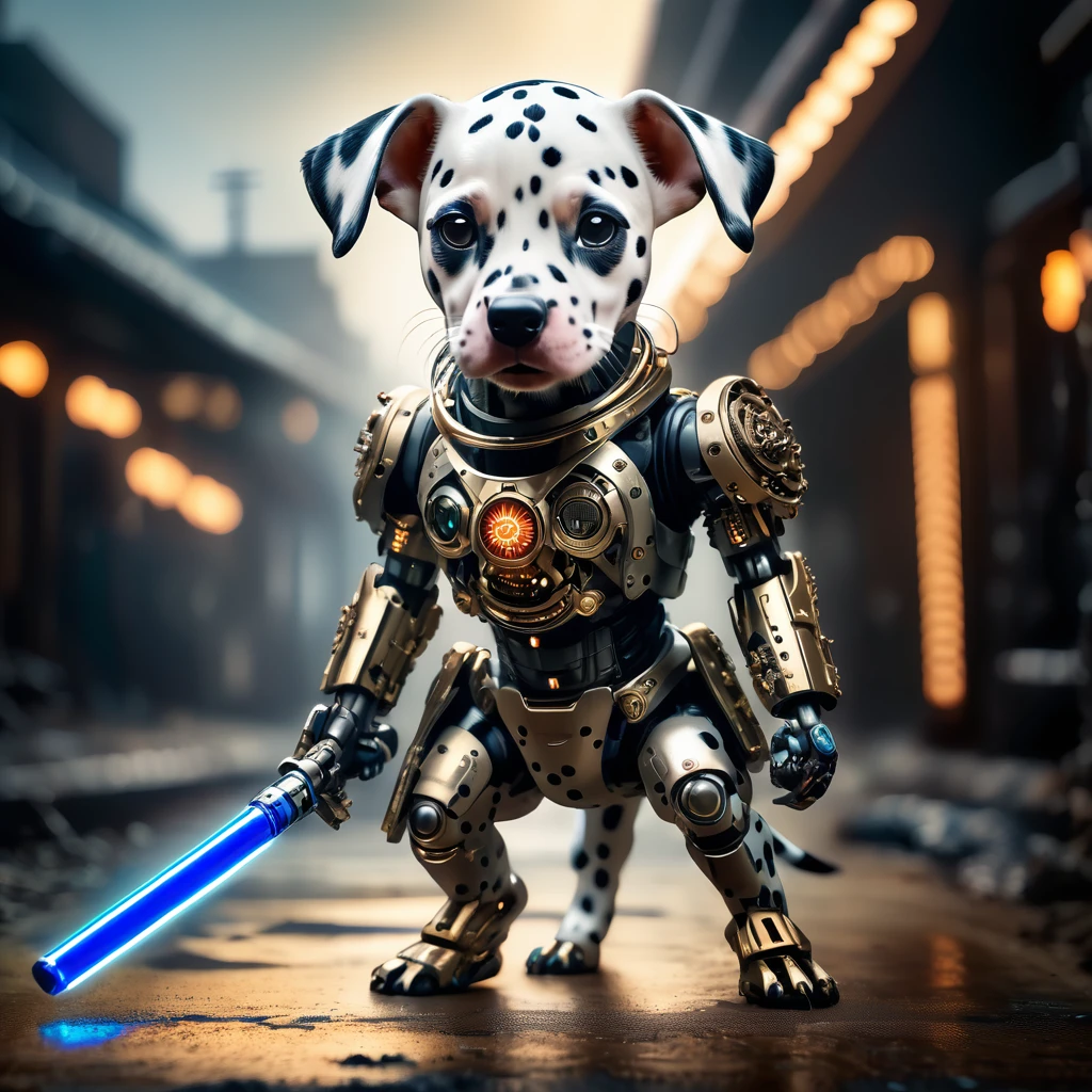 a full-body HDR photograph of (((the cutest young cyberpunk cyborg samourai dog dalmatian holding lightsaber intricate details)))((dancing:1.2))((post apocalyptic fiction background:1.2)), detailedeyes, Bokeh suave, (Atmospheric Light), (sharpen light and shadow),