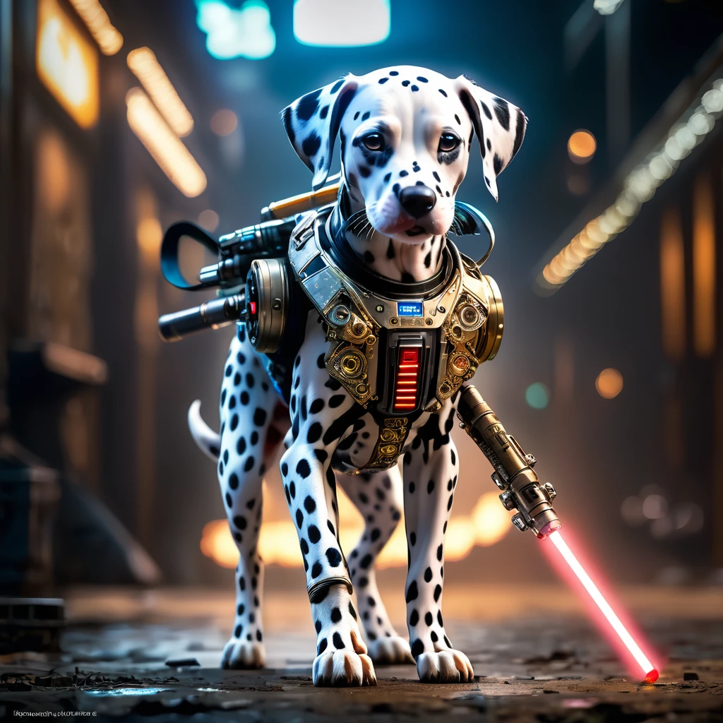 a full-body HDR photograph of (((the cutest young cyberpunk cyborg samourai dog dalmatian holding lightsaber intricate details)))((dancing:1.2))((post apocalyptic fiction background:1.2)), detailedeyes, Bokeh suave, (Atmospheric Light), (sharpen light and shadow),