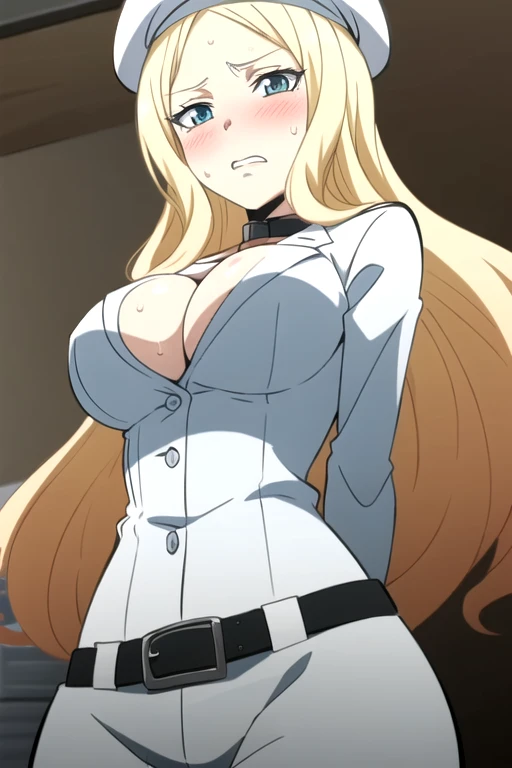 best quality, ultra high res, 1girl, Irina Jelavic, long hair, blonde hair, blue eyes, facing the vkewer, looking at the viewer, big breasts, cleavage, (simple background), white suit, belt, white beret, (aroused facial expression), teeth, blush, sweat, (view from below)
