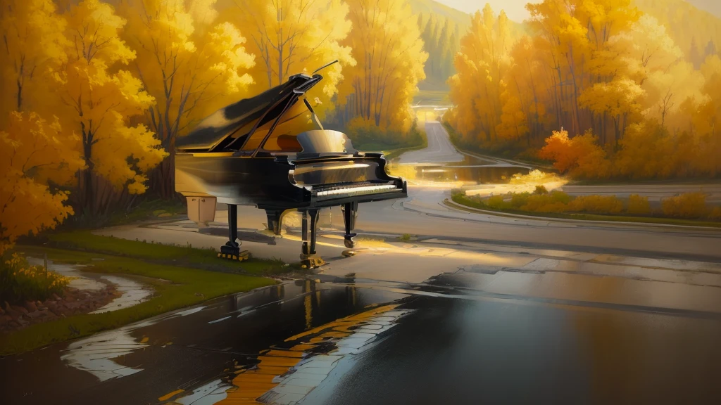 a painting of a piano on a road near a lake, Beautiful Art UHD 4K, Virtuoso paintings, Inspired by Yanjun Chen, Very high quality artwork, Artistic painting, Artistic 4k, by Song Xu, piano, Fine art painting, High quality art, by Charles Roka, Jan J, grand piano, high quality digital painting
