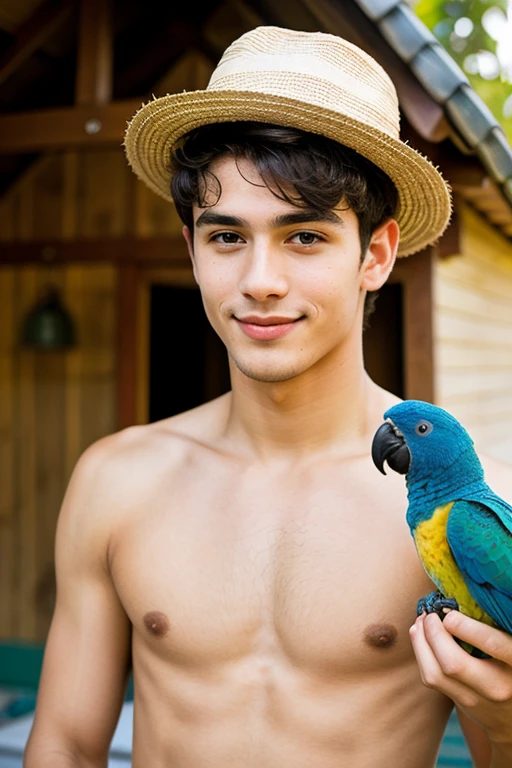 Cute young handsome man with a piri hat and a humble house parrot 