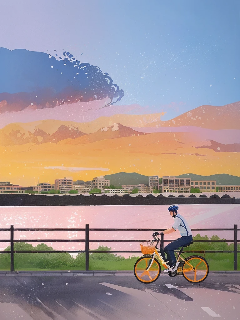 A man rides a bicycle on a street near the water, 日落illustration, 海报illustration, 彩色illustration, 数码illustration, 平面illustration, detailed 数码illustration, stylized 数码illustration, 详细的 2D illustration, 社论illustration丰富多彩, 数码illustration, illustration, author：Kose Kanaoka