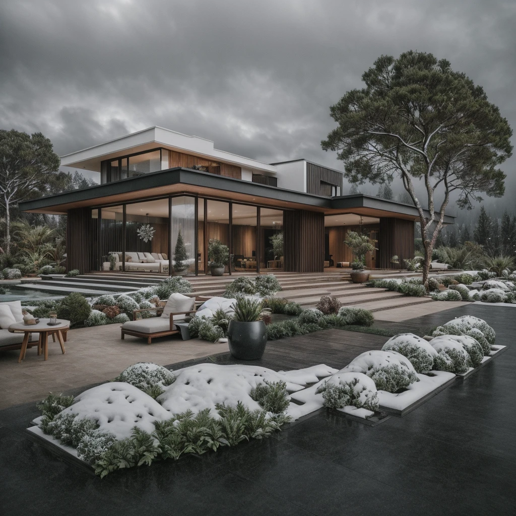 exterior of villa, modern style, plants and trees, ((winter, sonw)), overcast,, RAW photo, subject, 8k uhd, dslr, soft lighting, high quality, 
film grain, Fujifilm XT3