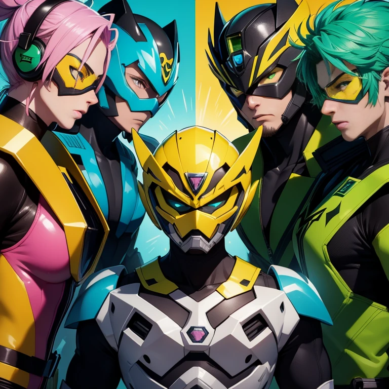 Outrageous determination, high resolution, (Masterpiece: 1.4), super fine, crisp detail, dramatic and realistic pictorial art, Super Sentai series GANGER, hero mask, (greenish, blue, black, yellow, there pink, 5-man group) Justice Heroes, transformation pose, profile