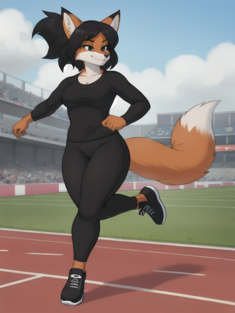 Furry, fox, female, black shirt, black leggings, shoes, running track, solo, full body