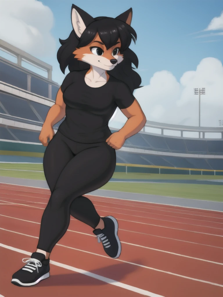 Furry, fox, female, black shirt, black leggings, shoes, running track, solo, full body