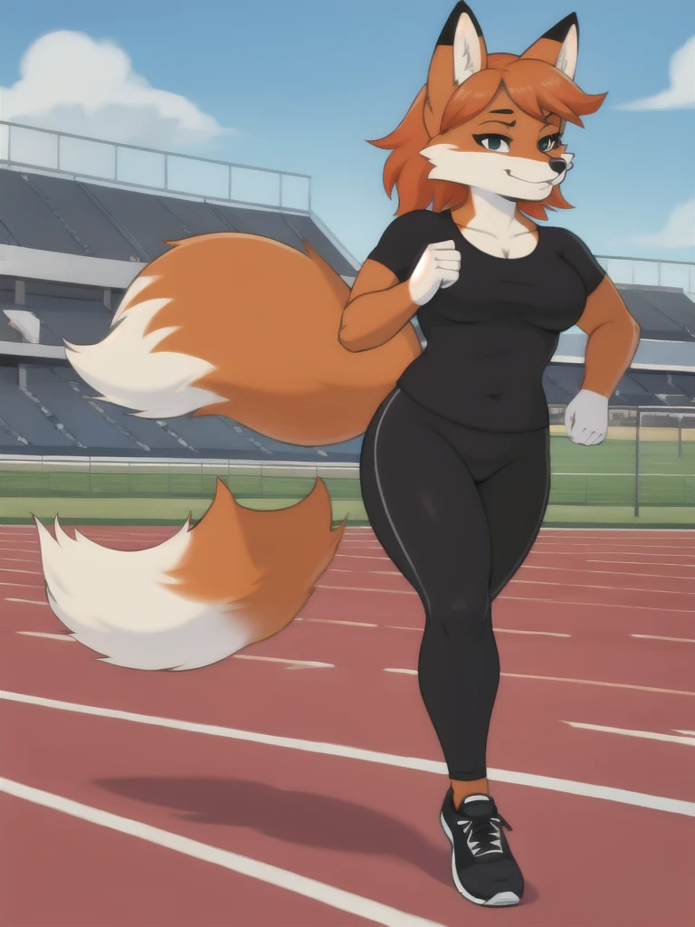 Furry, fox, female, black shirt, black leggings, shoes, running track, solo, full body