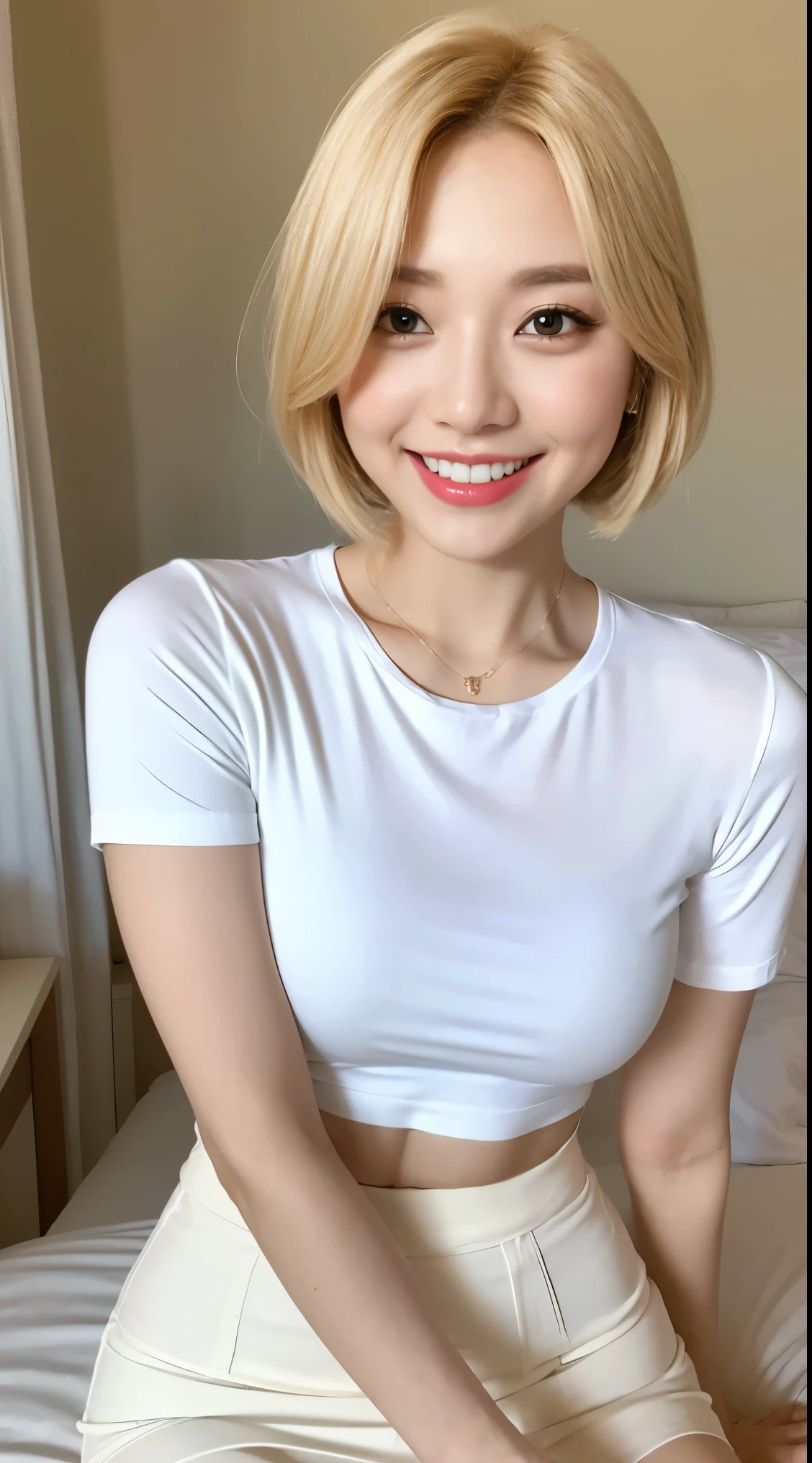 White tight shirt、White tight mini skirt、bed、smile、Short sleeve、high resolution、Korean idol face、double eyelid、White teeth、short hair、Blonde
