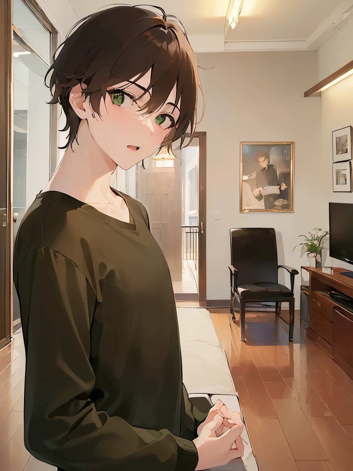 (looking at viewer:1.5),Side shot、masterpiece、Highest quality、
BREAK (25-year-old male:1.5) and (Mahogany brown short hair) and (Green Eyes)
BREAK,black long sleeve shirt blush,confused,open mouth, Living room at night