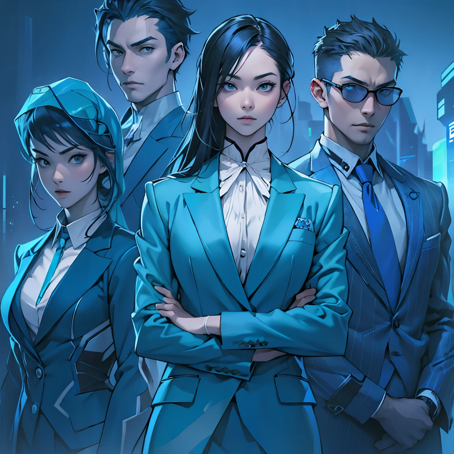 A female executive in blue and a male consul in blue、Advocate woman in blue、A group of four male administrators wearing blue clothes。Intimidating aura。Stylish and cool、Pose like a fashion model。The background has a unique and creative futuristic feel.。