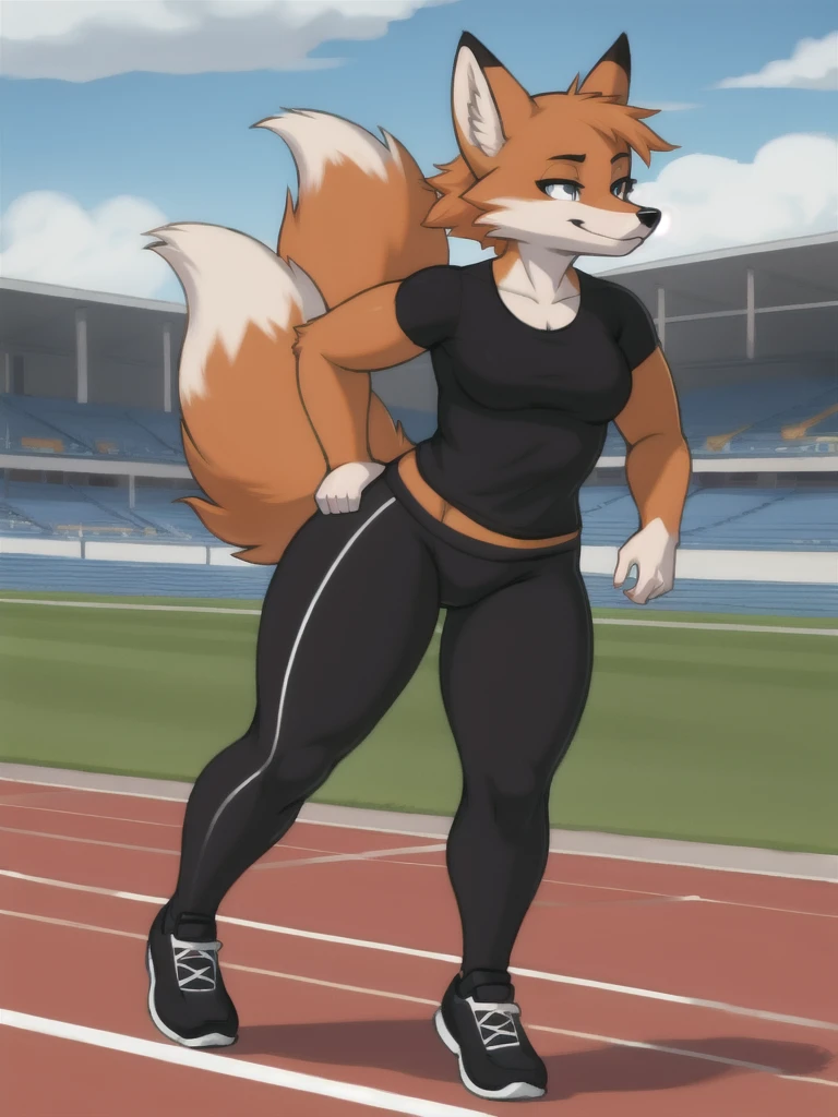 Furry, fox, female, black shirt, black leggings, shoes, running track, solo, full body