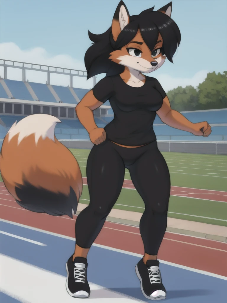 Furry, fox, female, black shirt, black leggings, shoes, running track, solo, full body