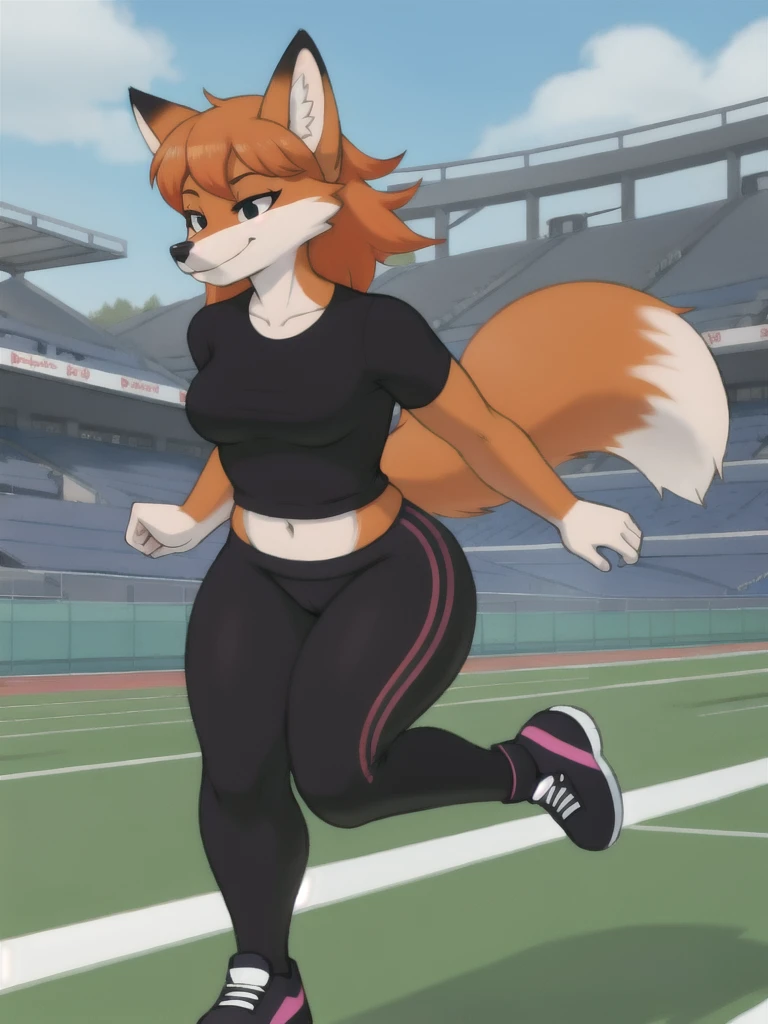 Furry, fox, female, black shirt, black leggings, shoes, running track, solo, full body