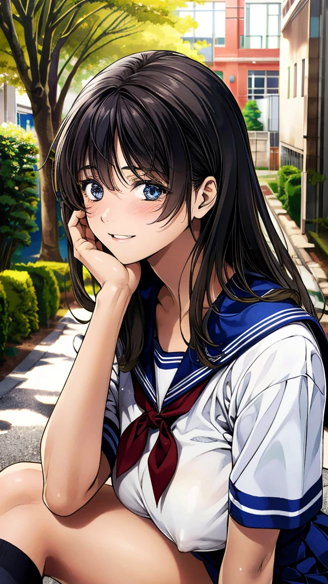 (masterpiece:1.2, top-quality, ultra high res, ultra detailed), (realistic, photorealistic:1.2), beautiful illustration, perfect lighting, natural lighting, colorful, depth of fields, nsfw, vulgality,
beautiful detailed hair, extremely detailed face, beautiful detailed eyes, beautiful clavicle, beautiful body, beautiful chest, beautiful thigh, beautiful legs, beautiful fingers,
looking at viewer, 1 girl, kitamurakaori, (perfect anatomy, anatomically correct, super detailed skin), cute and symmetrical face,
perfect face, perfect eyes, perfect body, perfect fingers, (skindentation), white skin, shiny skin,
(long hair, straight hair, messy hair:0.6, black hair), swept bangs, blue eyes, drooping eyes, long eyelashes, (large breasts, seductive thighs), slender,
short sleeve, blue sailor suit, pleated skirt, red sailor scarf, black socks, school bug,
(beautiful scenery), evening, (tree-lined street), seductive pose, sexy pose, from side, (smile, parted lips),