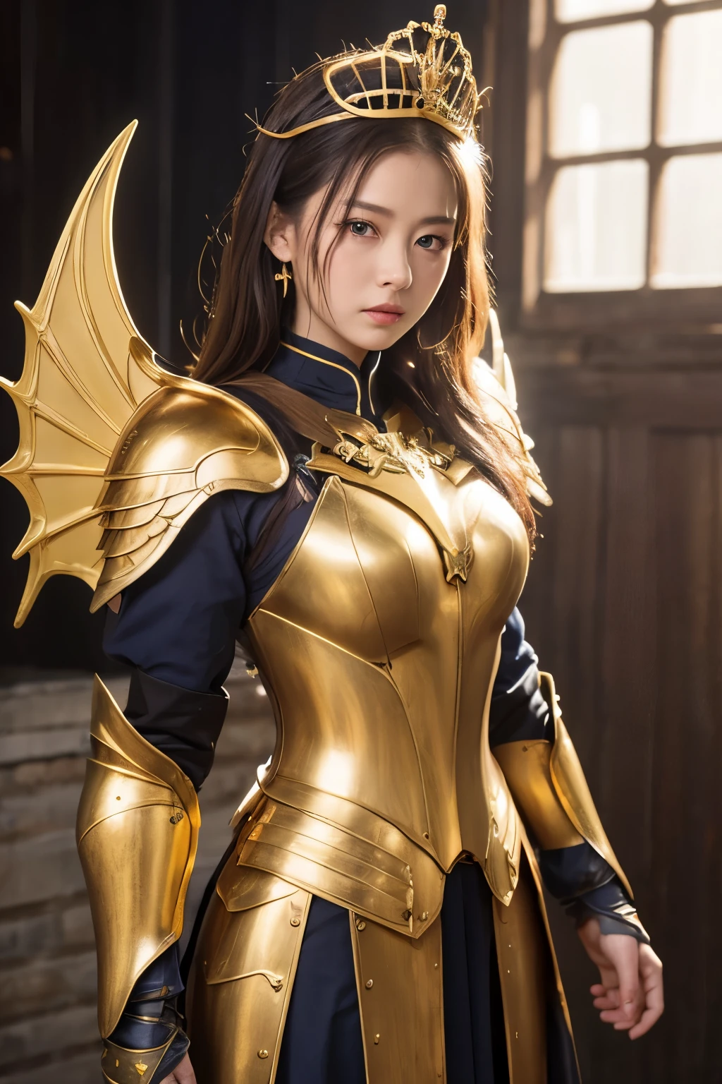 prick々Holy warrior in beautiful golden armor、Golden Wings、Golden Tiara、Dragon scale armor、Armor with a heavy feel、blue eyes、