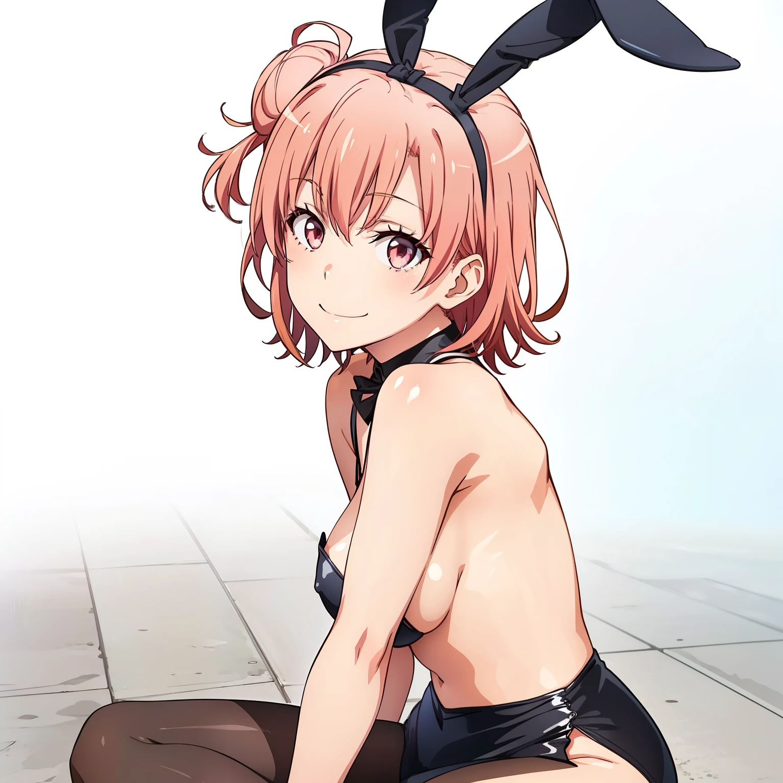 ((masutepiece, Best Quality, hight resolution, nffsw, Perfect Pixel, depth of fields, 4K, )), 1girl in, Solo, , Beautiful anime girl, Beautiful Art Style, close up, Looking at Viewer, Perfect body, side shot, Yuigahama Yui, Short hair, pink hair, pink eyes, hairbun, (large boob), side boob, sitting, black playboy bunny outfit, smile, hands on thighs, blank white background, shot from the waist up