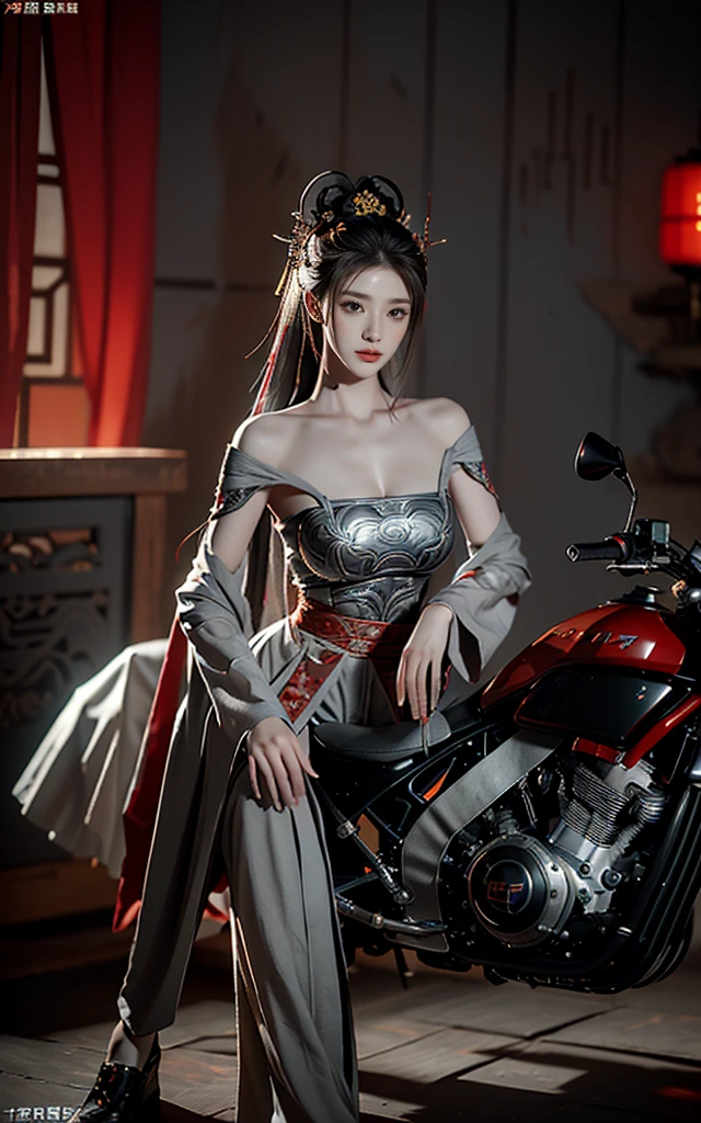 Alien technology fashion , fashion photography , Inspired by Cyberpunk。(best quality,4K,8K,high resolution,masterpiece:1.2), (Practical,Reality,Photo-real:1.37).masterpiece,Game Art,Best picture quality,最high resolution,8K,Unreal Engine 5 rendering works,(Digital Photography), 20 year old girl,Short hair details,Long bangs,(The red eye makeup is carefully applied),(With long gray hair:1.4),(Large target, Full breasts),Elegance and nobility,Brave and charming,（Riding a big sci-fi cool motorcycle) (The future armor combines the characteristics of Chinese armor,hollow-carved design,Power Armor,Mysterious oriental runes,Exquisite clothing patterns,Magic Flash),Future Warrior,Cyberpunk Characters,War Background, light，Ray Tracing，Game CG，((3D Unreal Engine))，OC rendering reflection mode