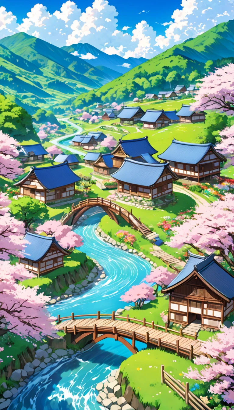 A serene village nestled in the mountains, surrounded by lush green forests and blooming sakura trees. Wooden bridges cross clear, babbling streams, and the villagers are seen tending to their vibrant flower gardens. The sky is a brilliant blue, with fluffy clouds drifting lazily overhead,anime