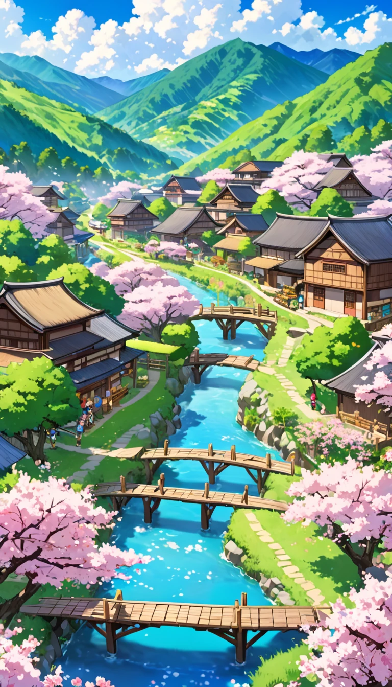 A serene village nestled in the mountains, surrounded by lush green forests and blooming sakura trees. Wooden bridges cross clear, babbling streams, and the villagers are seen tending to their vibrant flower gardens. The sky is a brilliant blue, with fluffy clouds drifting lazily overhead,anime