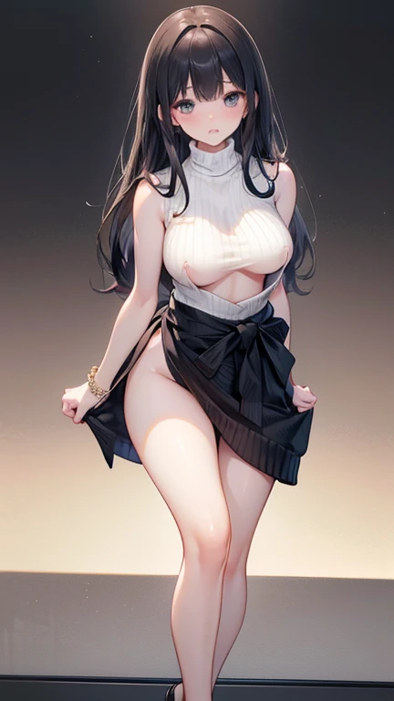 (Highest quality)), ((masterpiece)), (detailed), ((Full body shot 1.5))，One woman，28歳のBeautiful woman，Married Woman，口を開いて微笑むMarried Woman，The look of temptation，Very sexy，(((Big Breasts，Wearing a turtleneck, sleeveless knit sweater.8，The length of the sweater is up to the waist，No bra)))，Small nipples，Sweater with wide open chest，Emphasize cleavage，Grey sweater，
Beautiful woman，Beautiful Face，Big eyes，Beautiful Eyes，Well-formed double eyelids，Beautiful teeth alignment，8 head body，Beautiful body lines，Slender body，Beautiful Hands，Beautiful legs，Long hands，Long legs，Long and flexible hair，Shiny hair，Black hair，Full body shot 1.4，Embarrassed expression，blush，Half-open mouth，from below，Beautiful shoulders，Beautiful collarbone、Woman standing with legs apart，(((press breasts together1.9)))，Lifting the skirt 1.7，