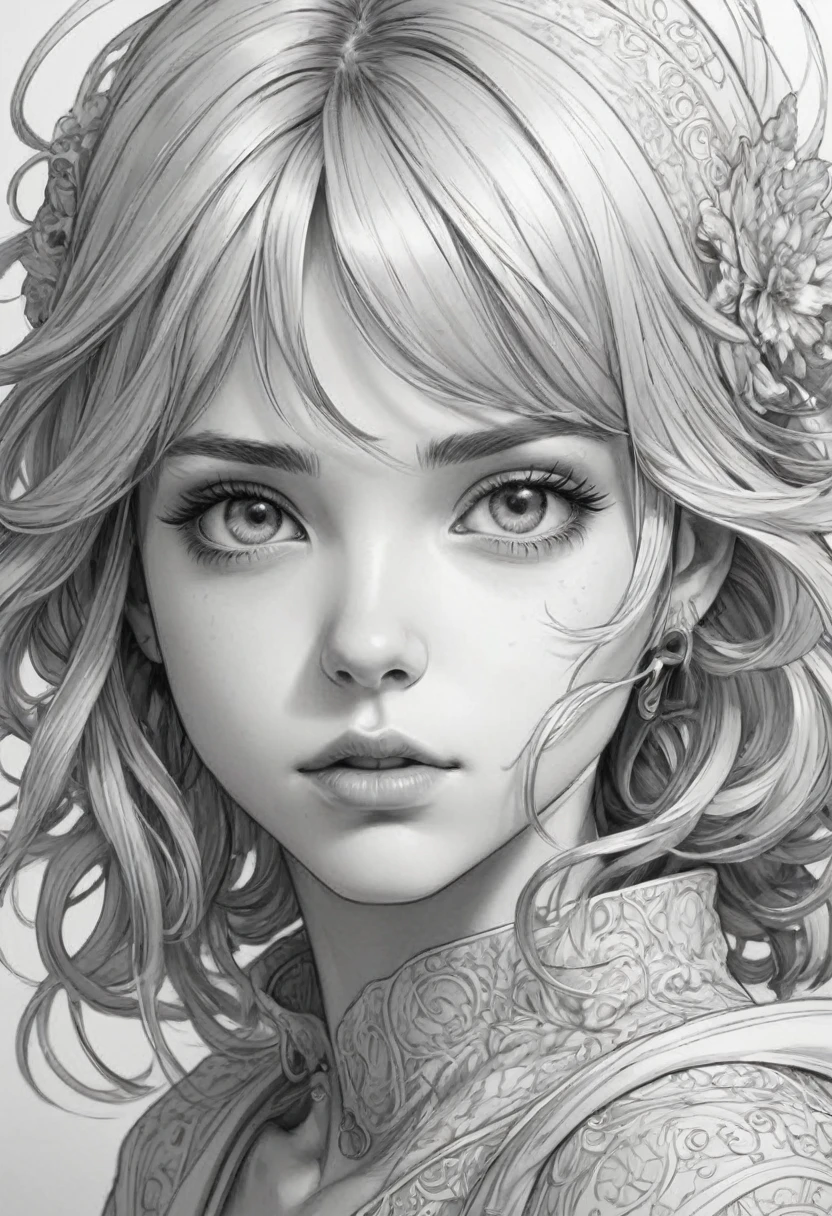 Anime Line Art, View from the front,By Lois Van Baarle, Highest quality, masterpiece, so beautiful, Beauty,Perfect composition, Intricate details, Very detailed