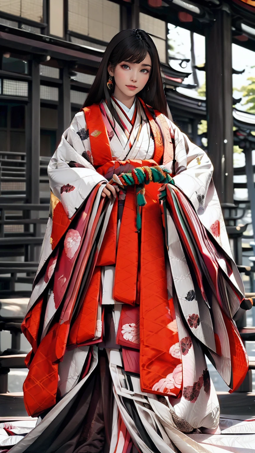 24 year old Japanese woman、Heian nobility、Wear the Twelve-Piece、Lives in a mansion built like a temple in Kyoto、Shiny black hair、Super Long Hair（Long enough to reach the buttocks)、Straight Hair