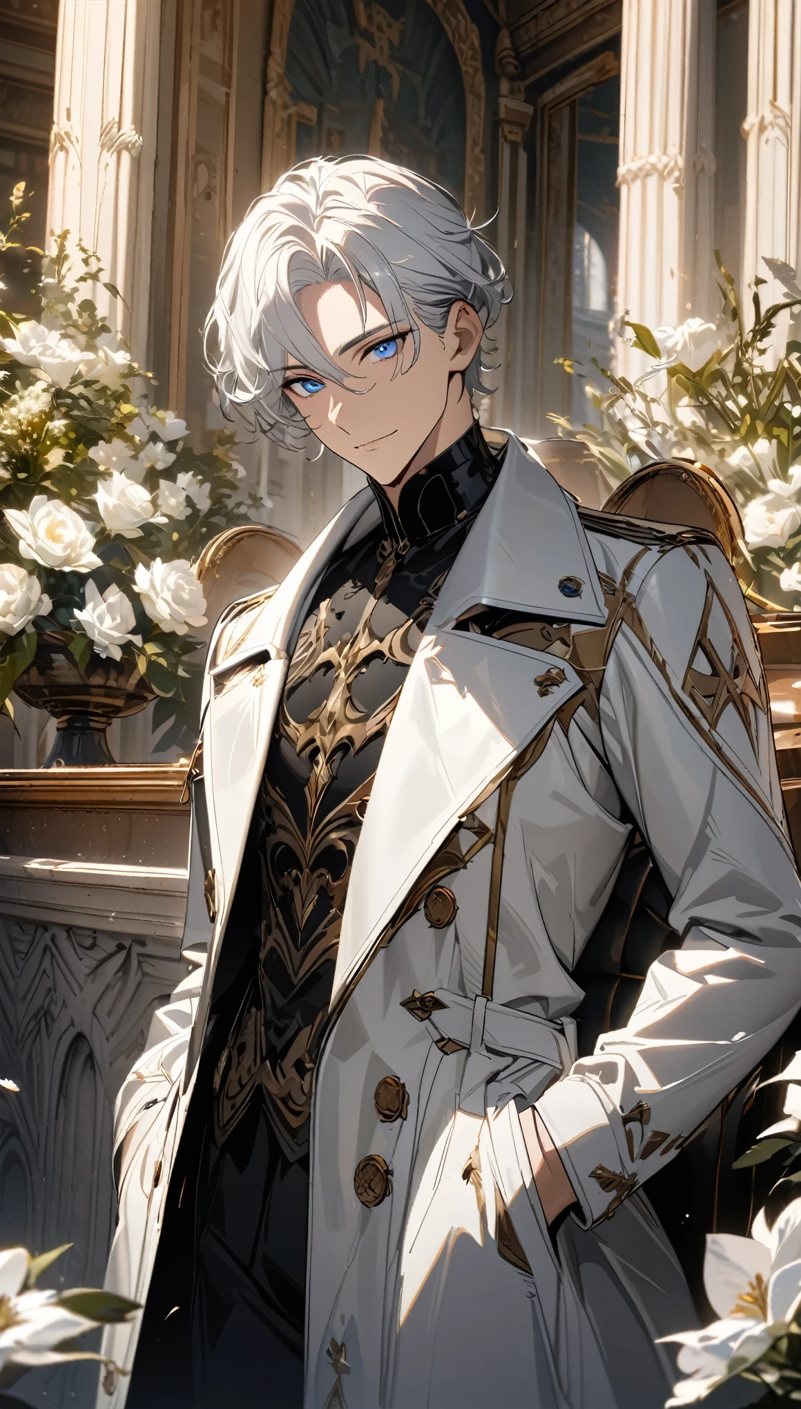 (masterpiece, best quality), Very detailed, best quality, official art, Beautiful and beautiful: 1.2),Beautifully,(1 handsome guy),copyright,alone,white short hair, (blue eyes), (A gentle yet distant smile),perfect face,white trench coat,Black shirt,complex clothing design,High target,8K,Beautiful contrast of light and shadow,Face it positively,Nice face,noble,Gorgeous palace,Interior background,((White flowers)),Gorgeous background,(ManhwaStyle:1.5)