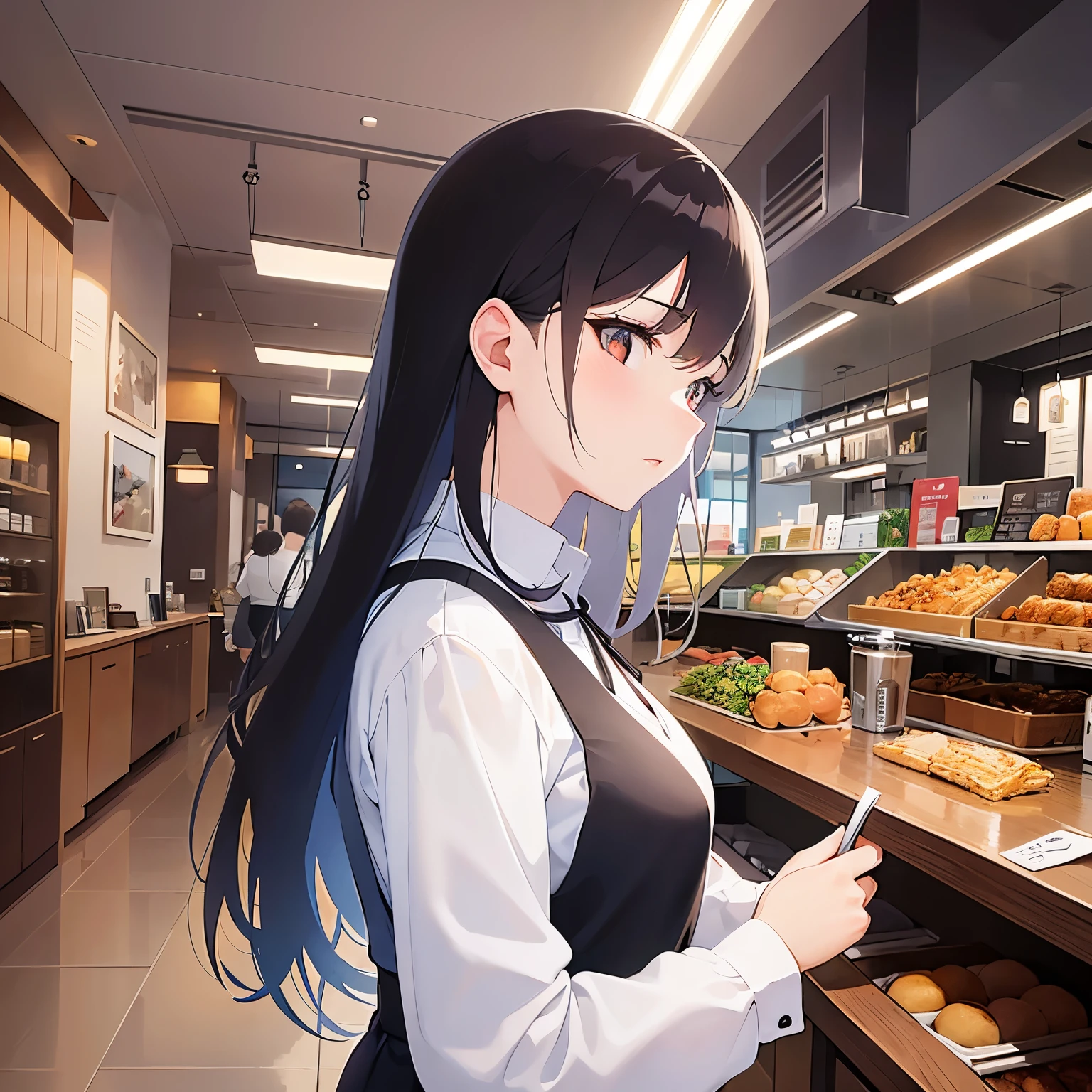 (looking away:1.5),Upper Body,profile、
Realistic, real person, (pale skin: 1.2), RAW photo, photorealistic, shiny skin, shiny hair、
(A 25-year-old woman with medium-length hair and bangs) and (wavy hair) and (brown hair) and (orange eyes) 、
expressionless, Wearing a white long-sleeved shirt 、apron、The background is the interior of a restaurant at night.